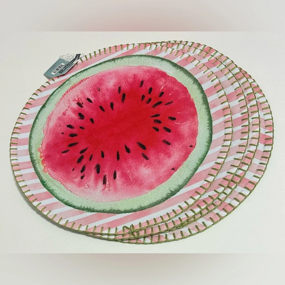 Hobby Lobby Set of 4 Watermelon Placemats Pink Stripe 14” Round Set of 4 NEW